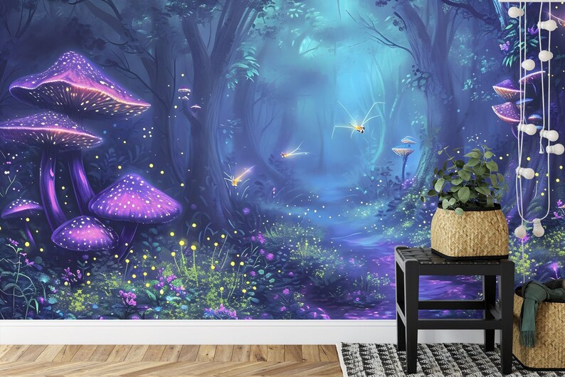 Glowing Forest Wallpaper Mural, Ethereal Nursery Decor