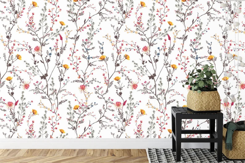 Floral nursery wallpaper installation example showing full wall coverage

