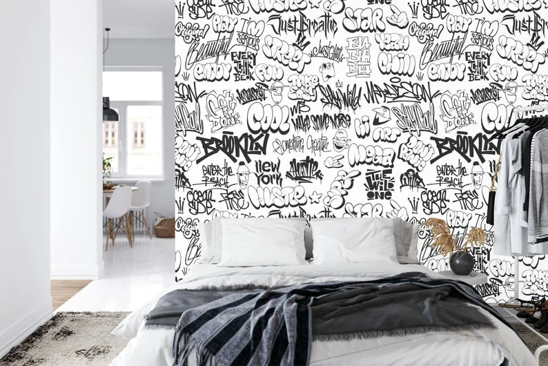 Urban Graffiti Wallpaper Mural, Black and White