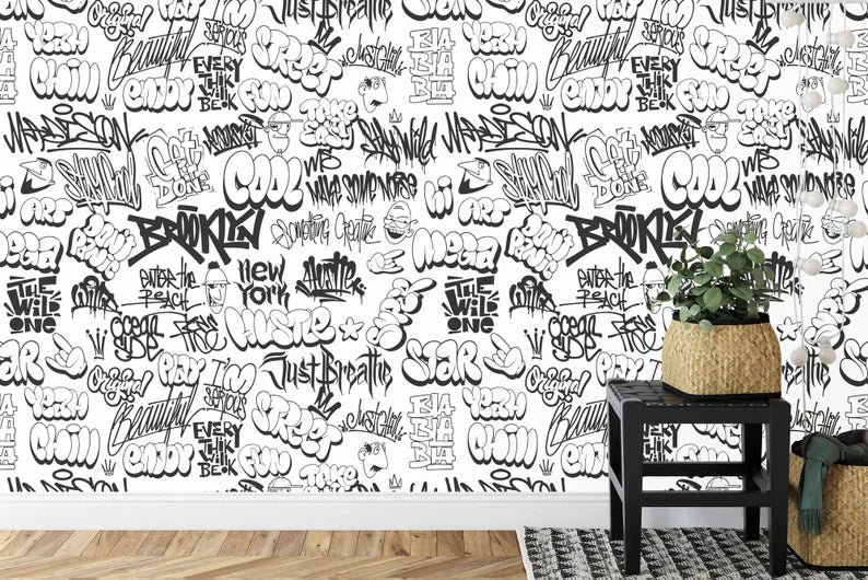 Urban Graffiti Wallpaper Mural, Black and White