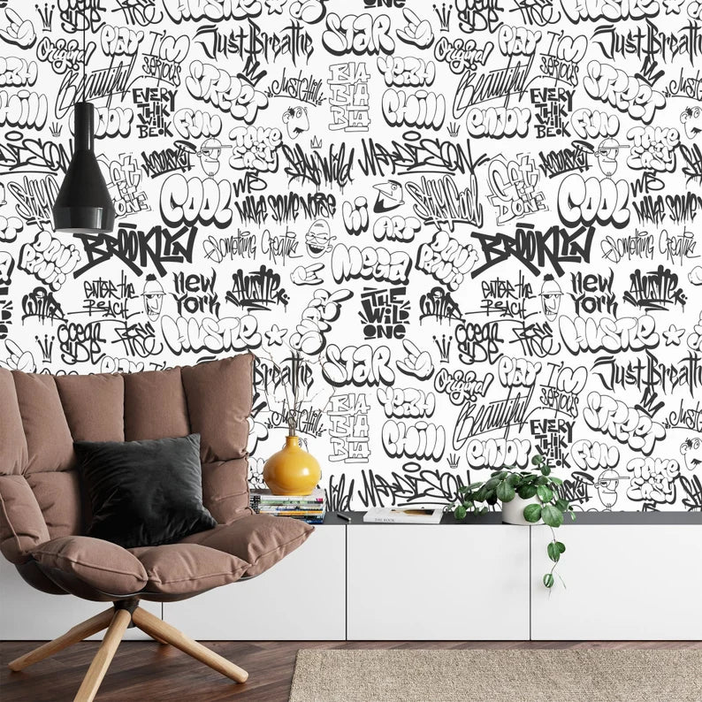 Urban Graffiti Wallpaper Mural, Black and White