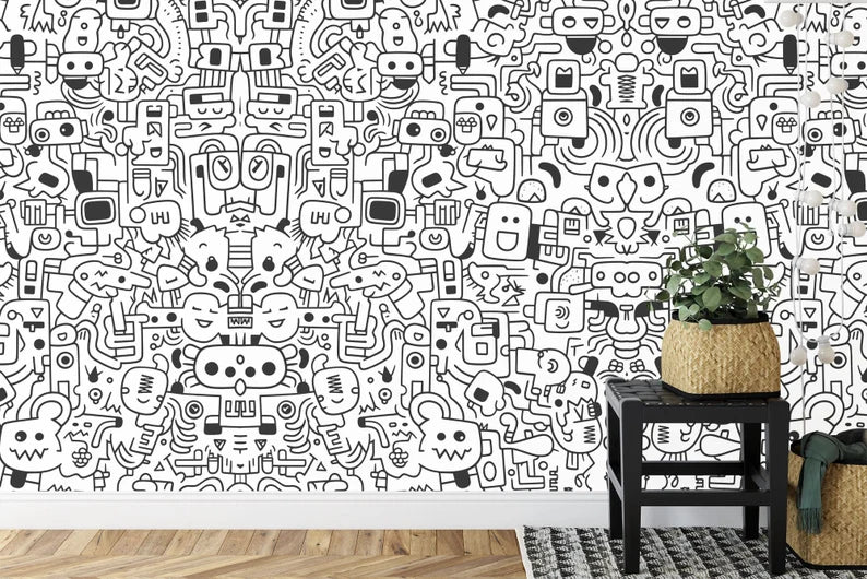 Black & White Doodle Mural, Kids Room Decor