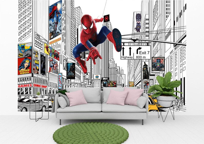 Superhero Comic City Wall Decal Sticker, Kids Room Decor
