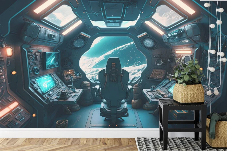 Spaceship Window View Wall Mural Kids Room Wallpaper