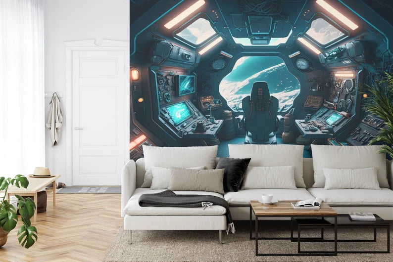Spaceship Window View Wall Mural Kids Room Wallpaper