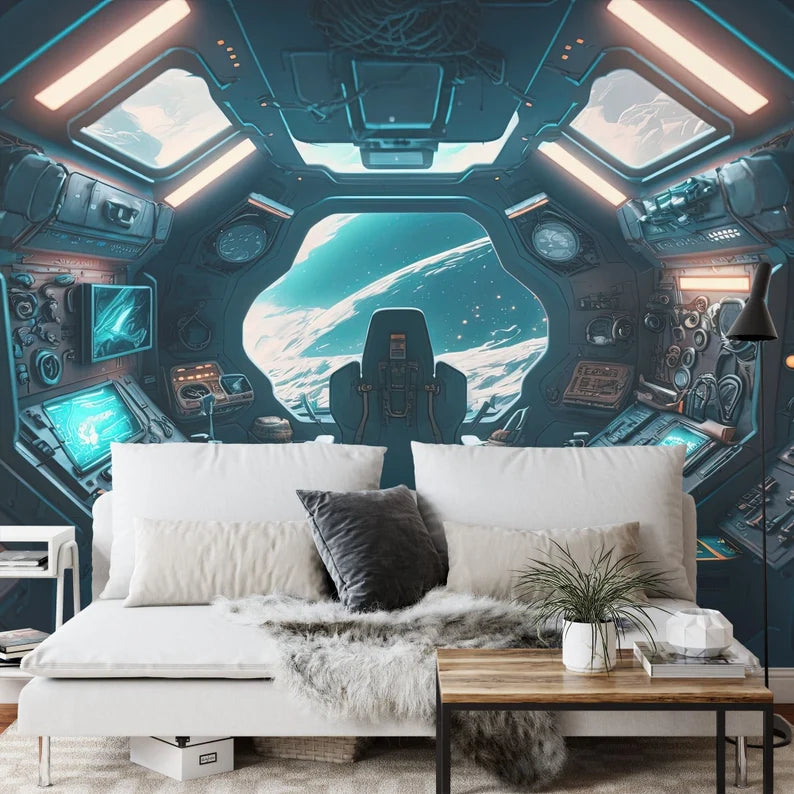 Spaceship Window View Wall Mural Kids Room Wallpaper