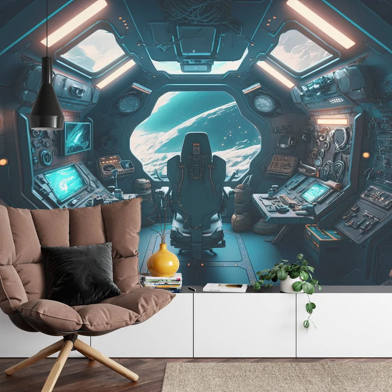 Spaceship Window View Wall Mural Kids Room Wallpaper