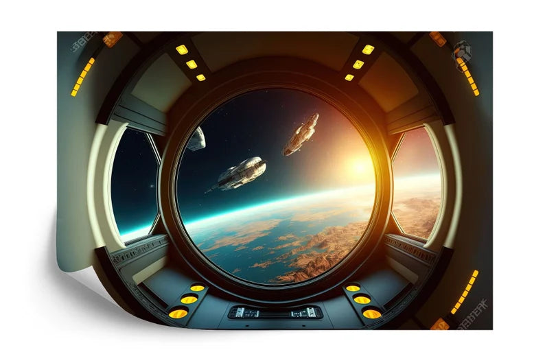 Spaceship Window View Wall Mural, Outer Space Kids Room Decor