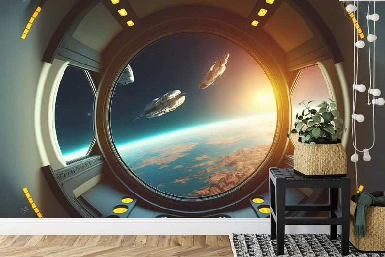 Spaceship Window View Wall Mural, Outer Space Kids Room Decor