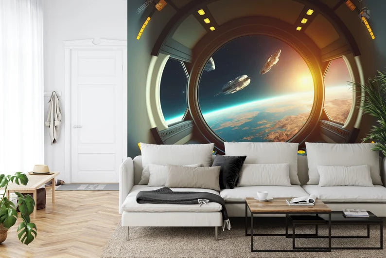 Spaceship Window View Wall Mural, Outer Space Kids Room Decor