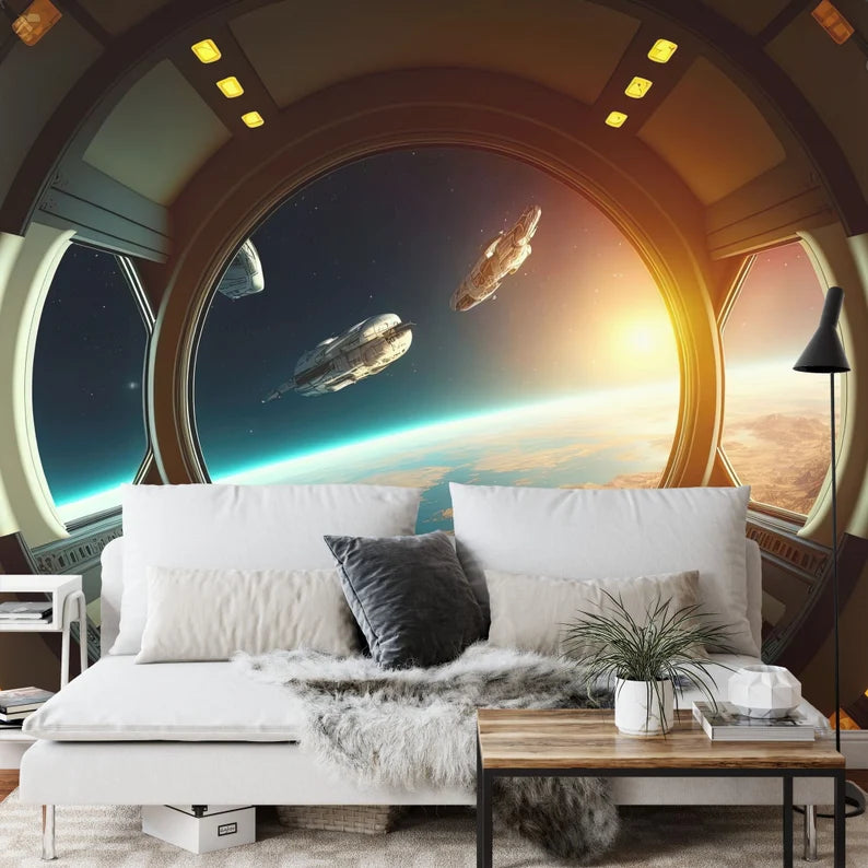 Spaceship Window View Wall Mural, Outer Space Kids Room Decor