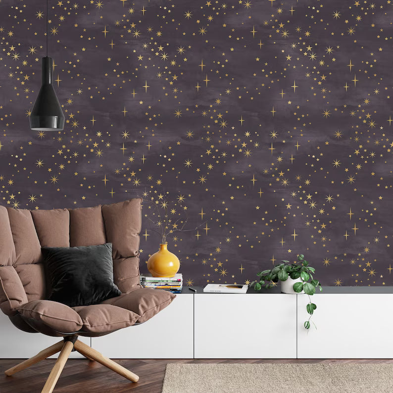 Starry Night Wallpaper Mural: Purple and Gold Shining Stars