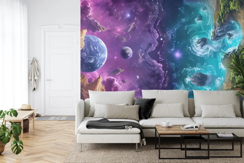 Earth Meets Space Wallpaper Mural, Colorful AI Art