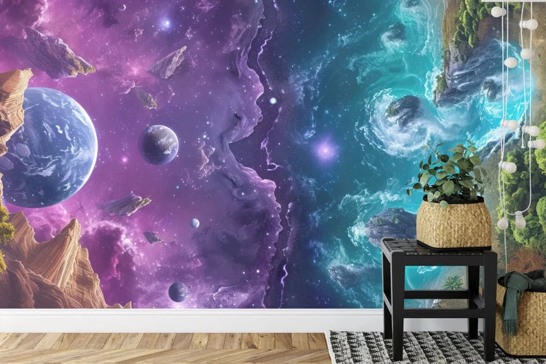 Earth Meets Space Wallpaper Mural, Colorful AI Art