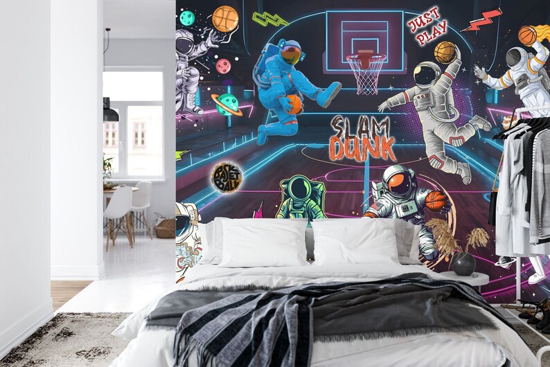 Astronaut Basketball Wallpaper, Kids Room Decor