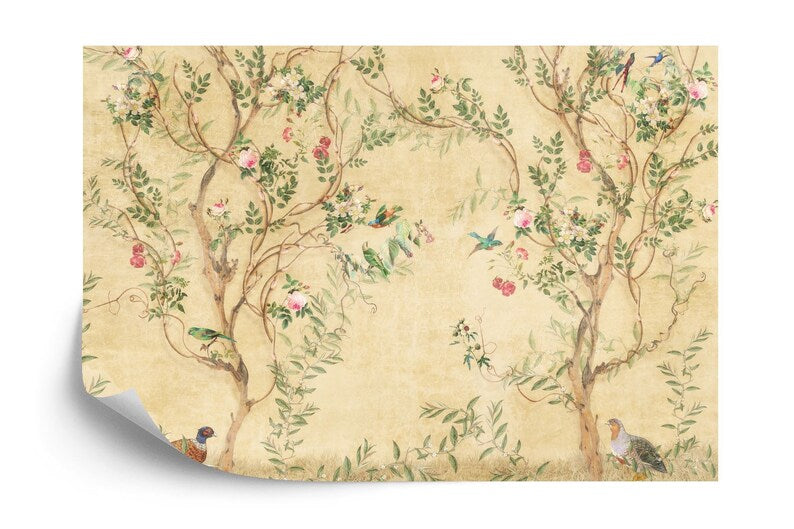 Chinoiserie Wallpaper Mural: Spring Flowers, Crane, Birds