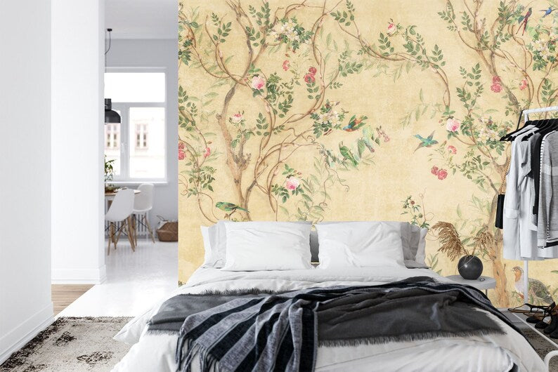 Chinoiserie Wallpaper Mural: Spring Flowers, Crane, Birds
