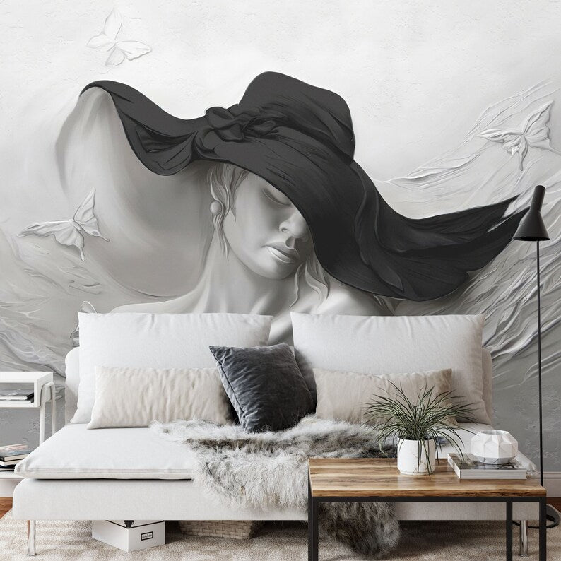 3D Woman Face Sculpture Wallpaper Mural