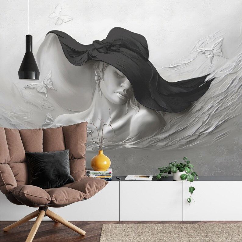 3D Woman Face Sculpture Wallpaper Mural