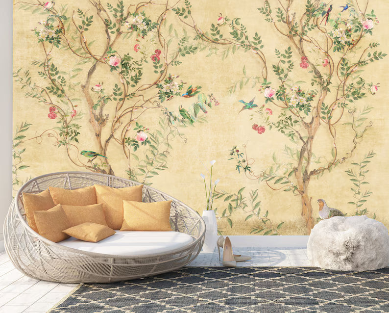 Chinoiserie Wallpaper Mural: Spring Flowers, Crane, Birds
