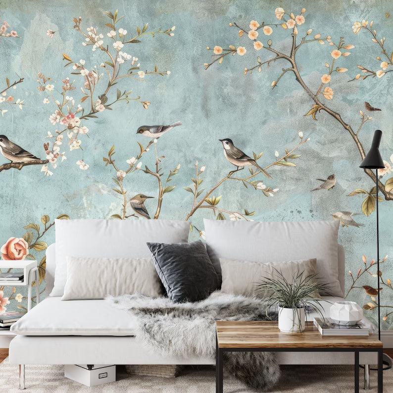 Vintage Chinoiserie Birds and Flowers Wallpaper Mural