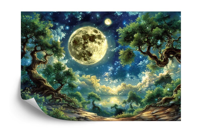 Forest Moon Peel and Stick Wallpaper Mural, Starry Night Wall Decal