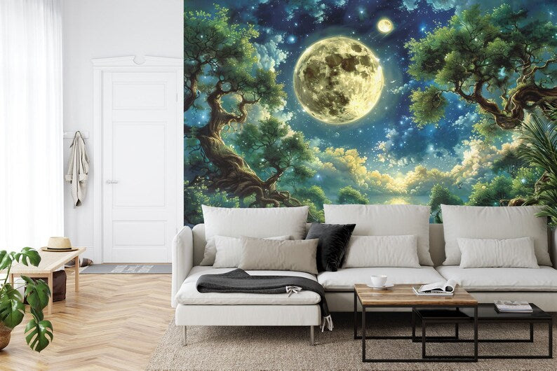 Forest Moon Peel and Stick Wallpaper Mural, Starry Night Wall Decal