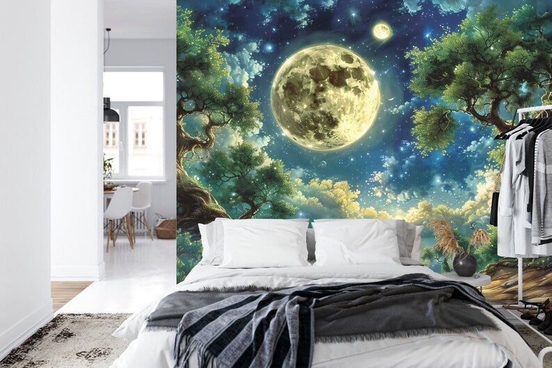 Forest Moon Peel and Stick Wallpaper Mural, Starry Night Wall Decal