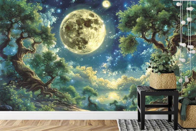 Forest Moon Peel and Stick Wallpaper Mural, Starry Night Wall Decal