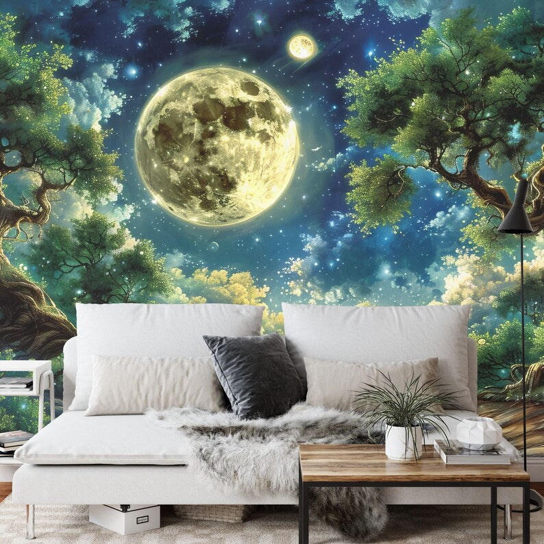 Forest Moon Peel and Stick Wallpaper Mural, Starry Night Wall Decal