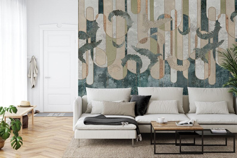 Art Deco Feather Wallpaper Mural, Neutral Colors