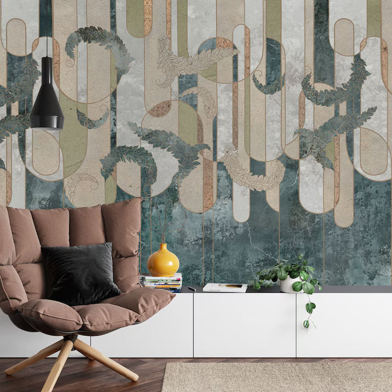 Art Deco Feather Wallpaper Mural, Neutral Colors