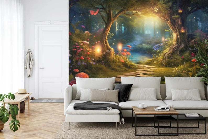 Enchanted Forest Mural, Luminous Mushroom Wall Decal