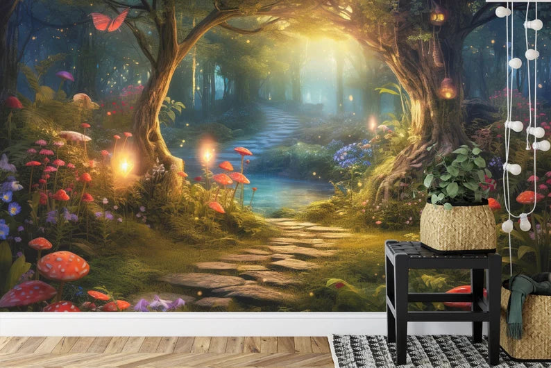 Enchanted Forest Mural, Luminous Mushroom Wall Decal