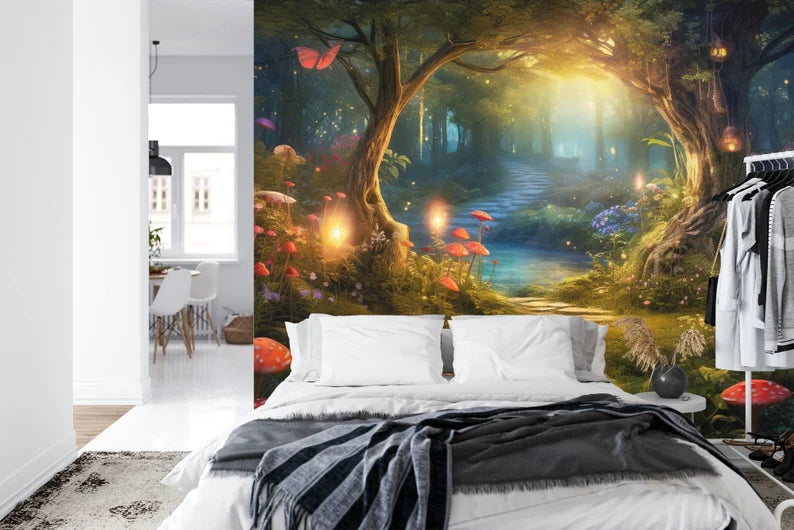 Enchanted Forest Mural, Luminous Mushroom Wall Decal