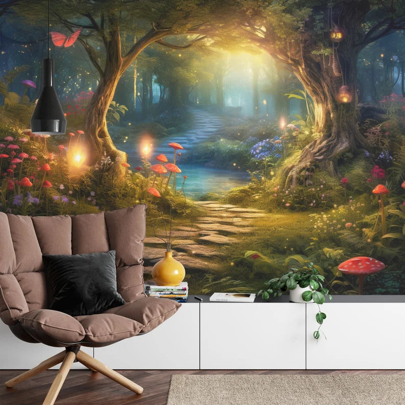 Enchanted Forest Mural, Luminous Mushroom Wall Decal