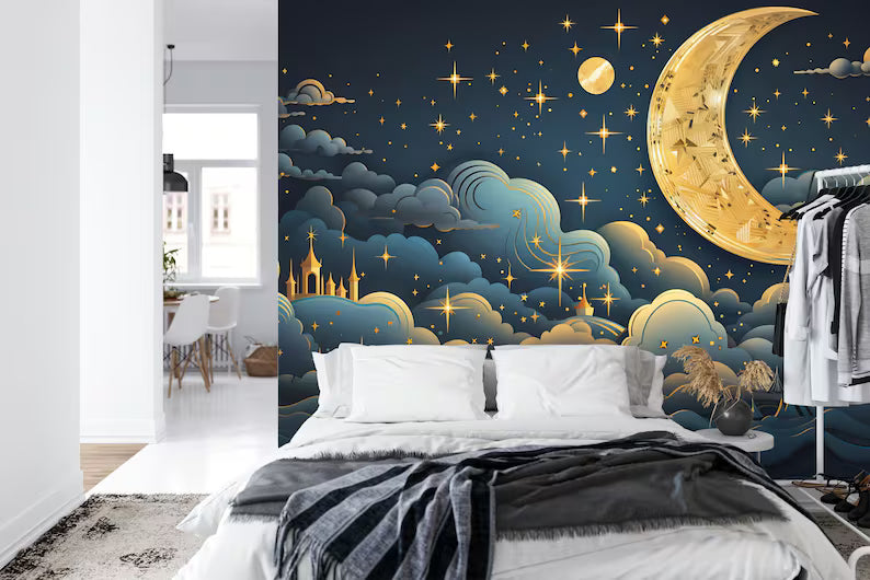 Golden Crescent Moon Wallpaper Mural, Easy-Install