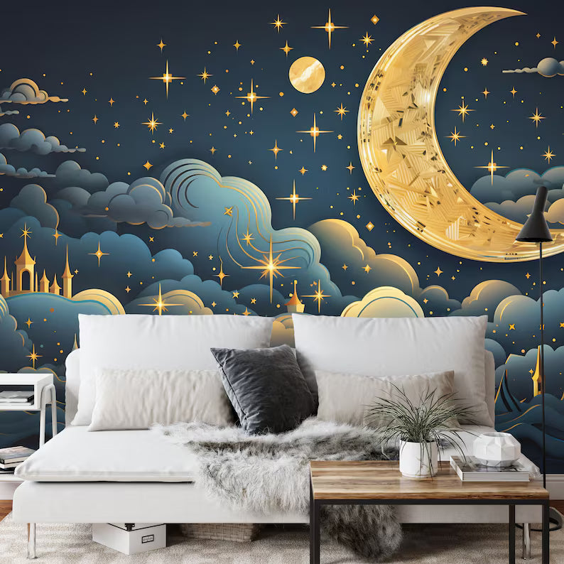 Golden Crescent Moon Wallpaper Mural, Easy-Install