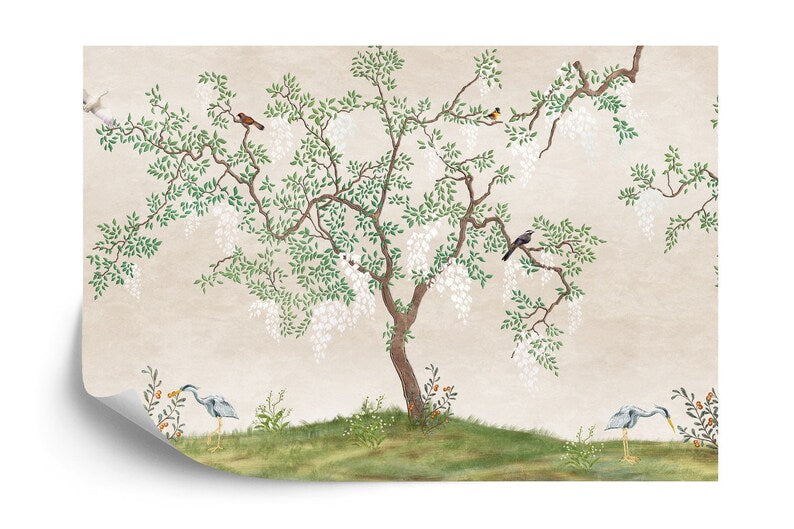 Japanese Garden Mural, Birds Fresco, Flowering Tree Wallpaper