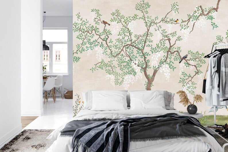 Japanese Garden Mural, Birds Fresco, Flowering Tree Wallpaper