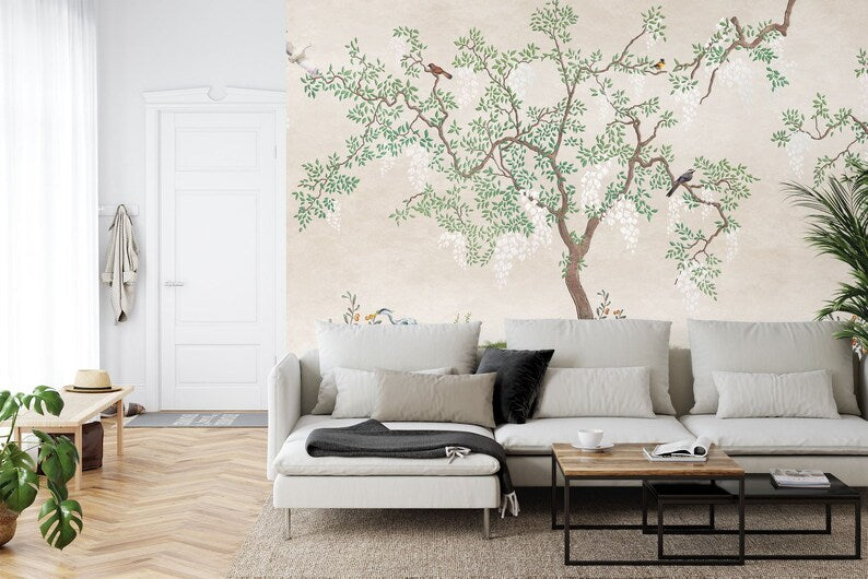 Japanese Garden Mural, Birds Fresco, Flowering Tree Wallpaper