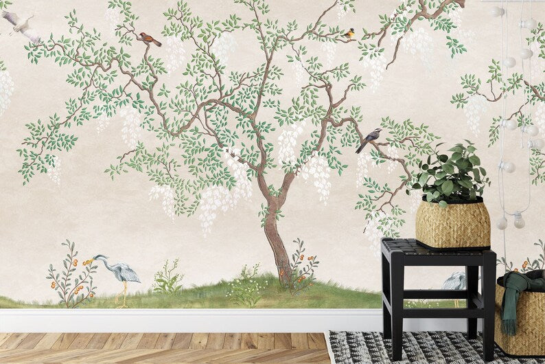 Japanese Garden Mural, Birds Fresco, Flowering Tree Wallpaper