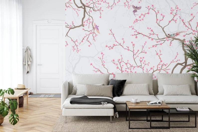 Close-up detail of cherry blossom flowers and branches wall mural design