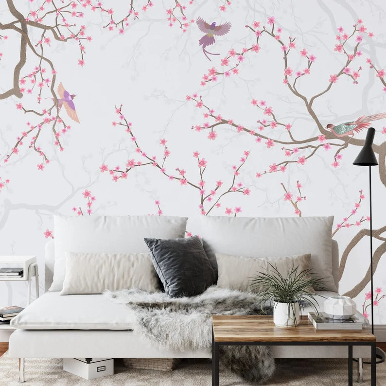 Full view of cherry blossom tree branch wall mural with birds perched on branches