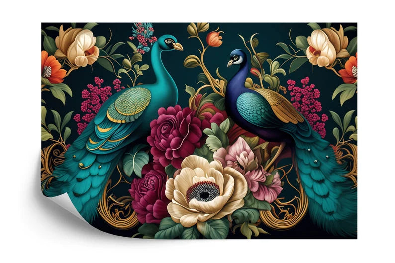 Peacock & Floral Wallpaper Mural, Abstract Art Print