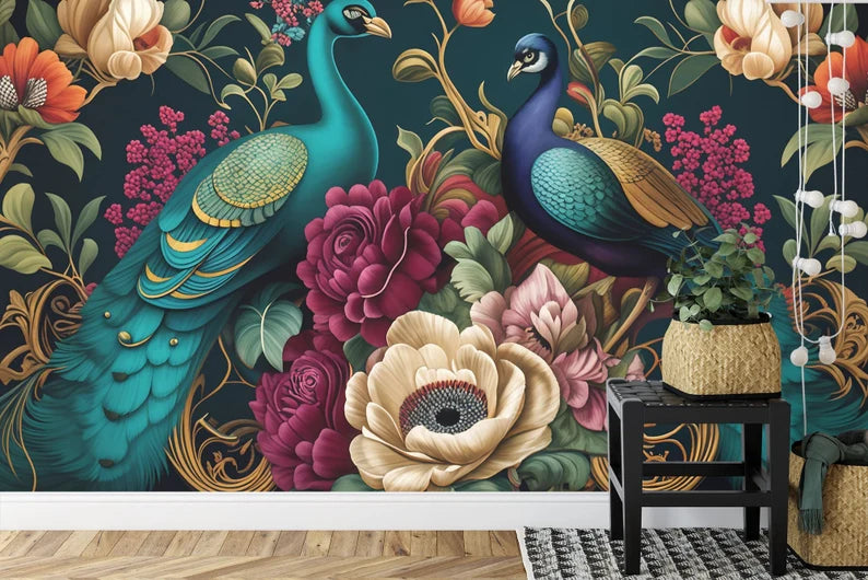 Peacock & Floral Wallpaper Mural, Abstract Art Print