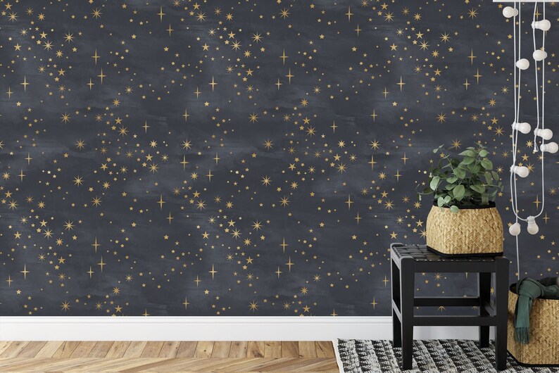 Starry Night Wallpaper Mural, Shining Stars, Black and Gold