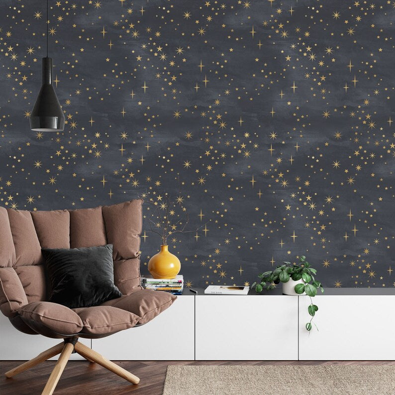 Starry Night Wallpaper Mural, Shining Stars, Black and Gold