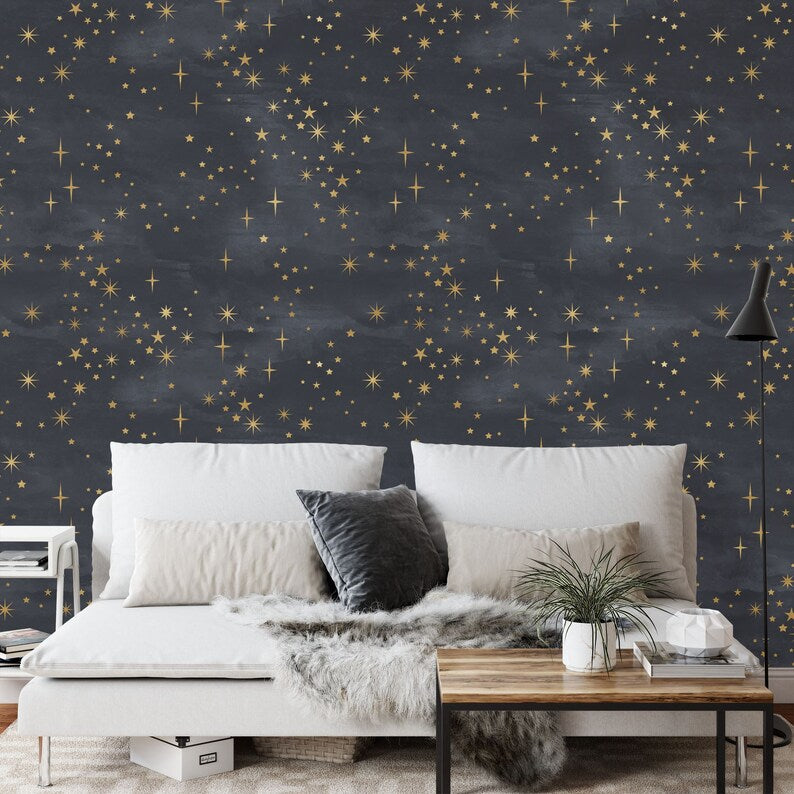 Starry Night Wallpaper Mural, Shining Stars, Black and Gold