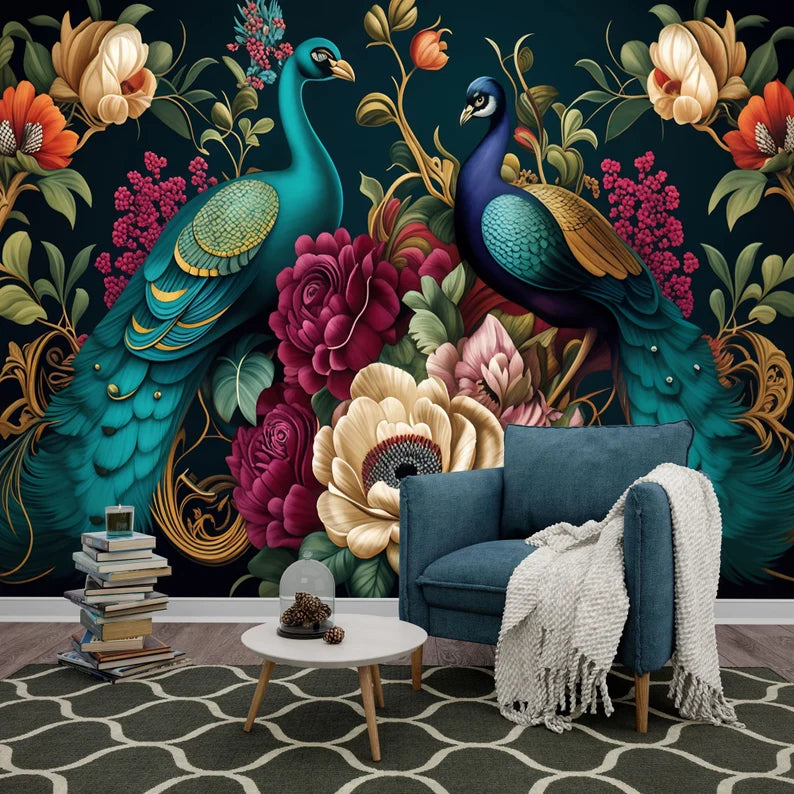 Peacock & Floral Wallpaper Mural, Abstract Art Print